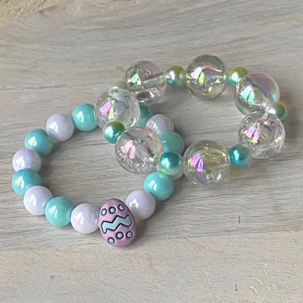 Girls Easter Egg Bracelet Set Kids Pastel Beaded Stretch Handmade Lavender Blue